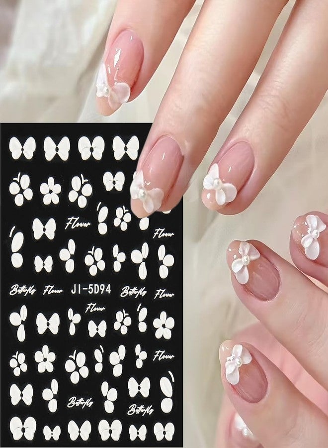 Fcozpjk 5D Embossed White Flowers Nail Stickers, 5 Sheets Self-Adhesive Floral Nail Decals, Spring Rose Butterfly Nail Art, 3D Acrylic Flowers for Manicure Decor - Image 5